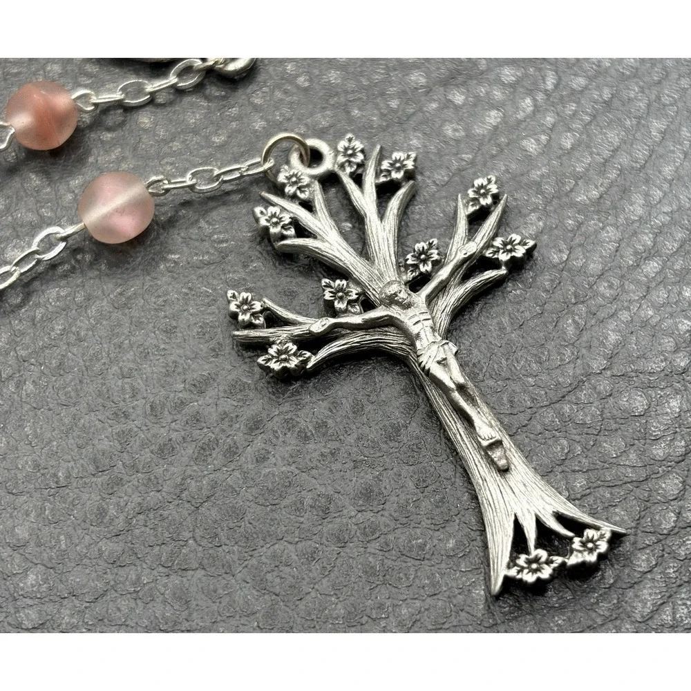 Dogwood Tree Pink Glass Rosary Bead Necklace Cross Pendant Silver Tone Boho